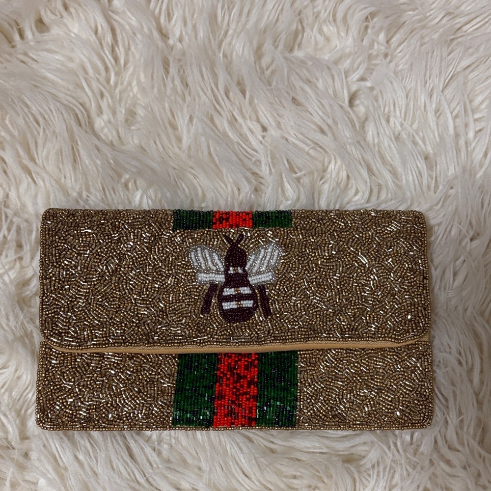 Embellished Brown Clutch with Bee Design